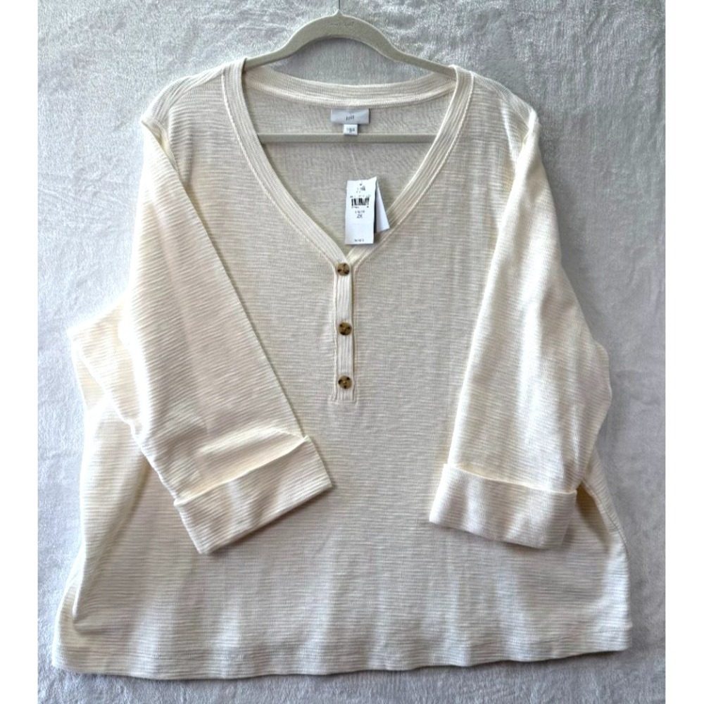 J. Jill Cream Waffle Knit Henley Top Womens 2X Cotton Tortoise Buttons NWT